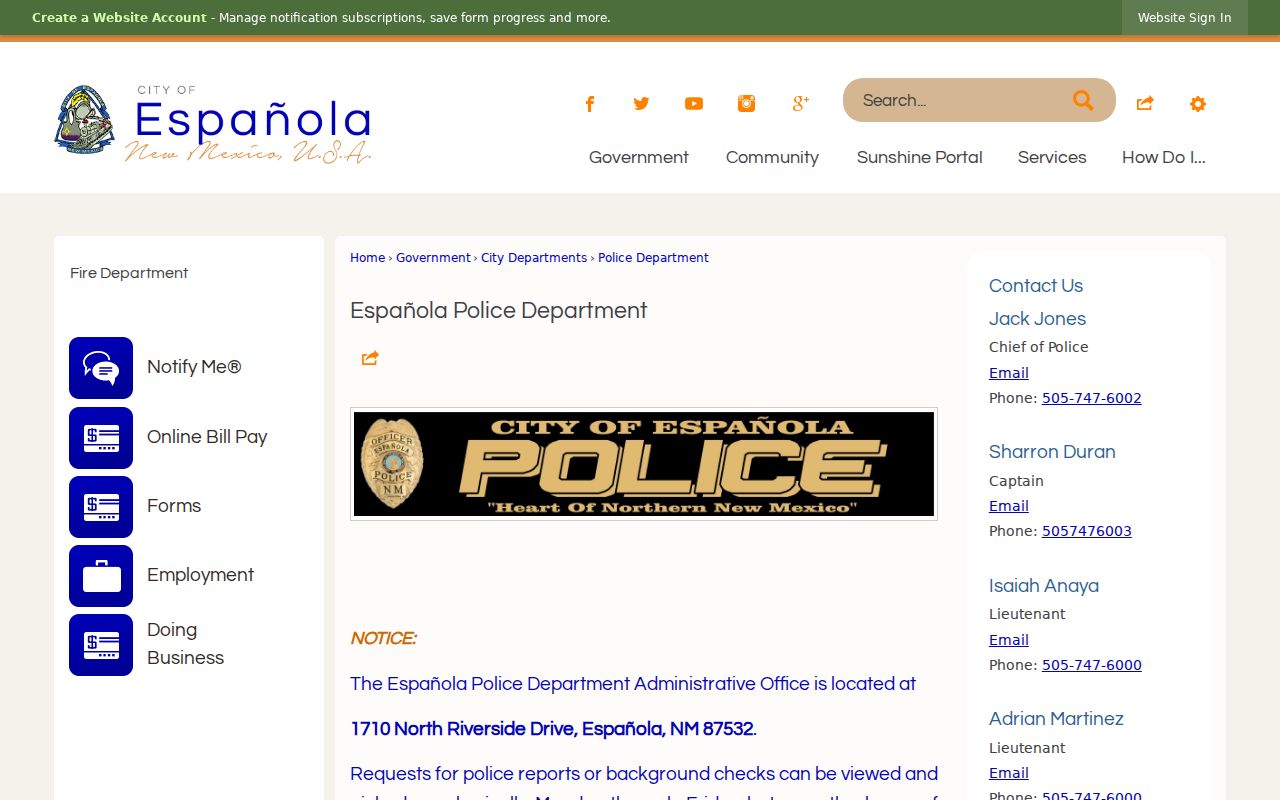 Española warrant records police department contact page
